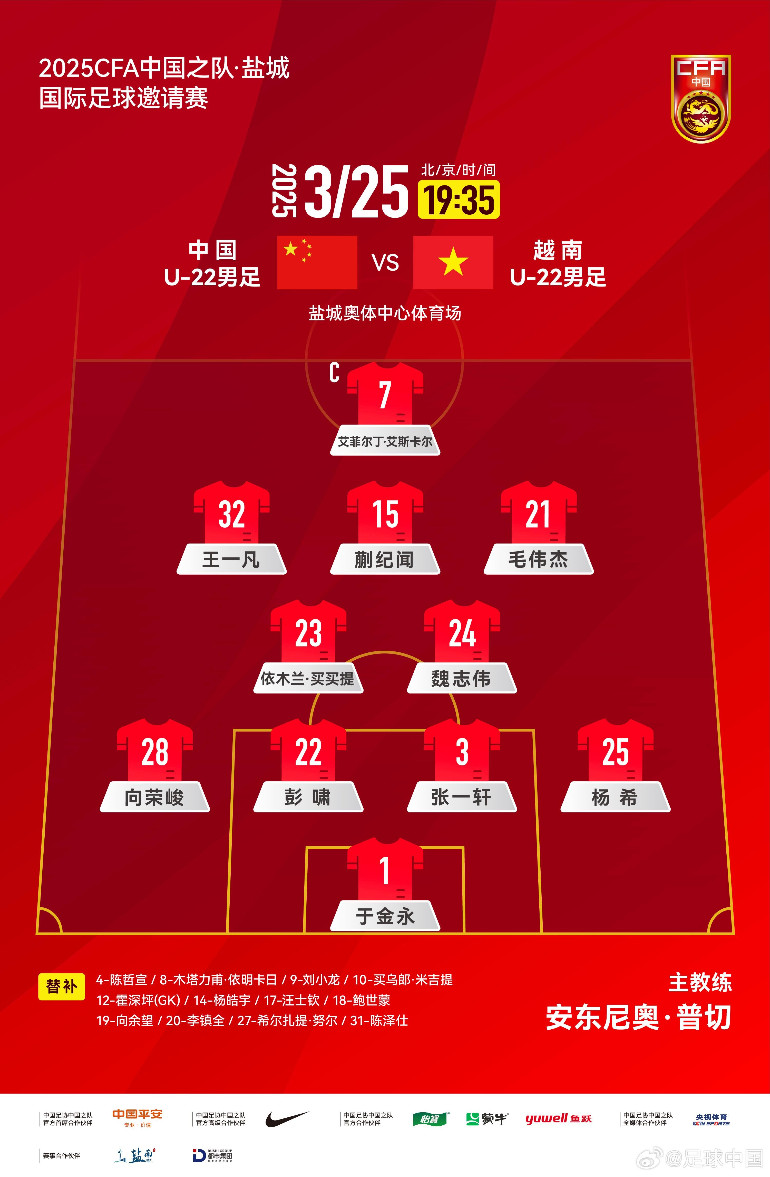 鹽城國(guó)際足球邀請(qǐng)賽中國(guó)U-22男足vs越南U-22男足，中國(guó)隊(duì)首發(fā)陣容