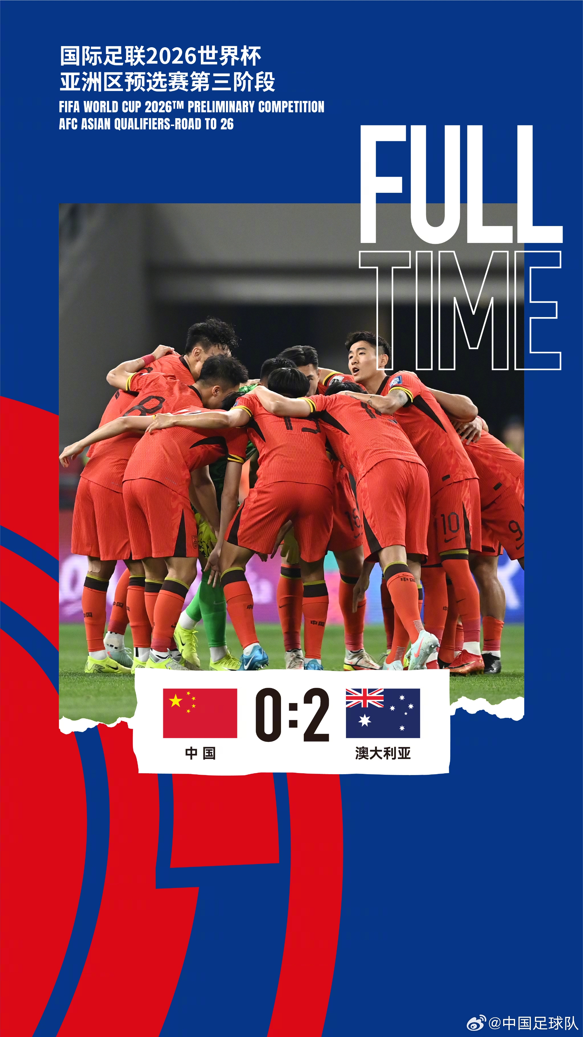美加墨世界杯亞洲區(qū)預(yù)選賽第三階段第八輪，中國隊(duì)0-2澳大利亞隊(duì)