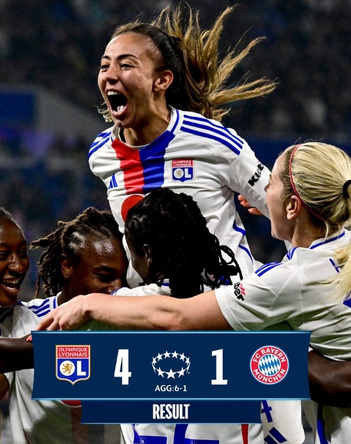 里昂女足4-1大勝拜仁女足，總比分6-1晉級(jí)女足歐冠半決賽