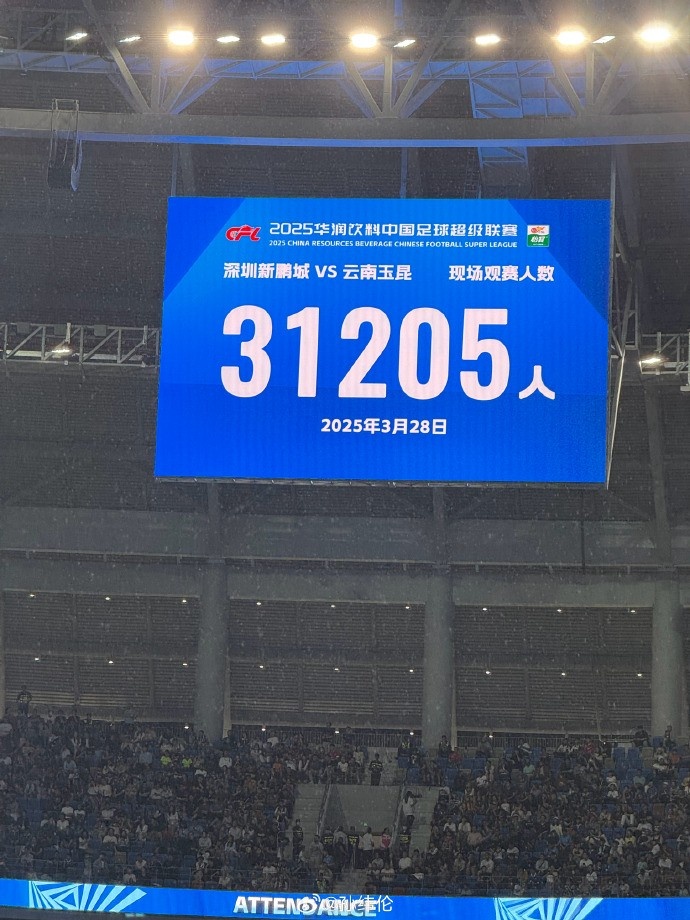 新鵬城新賽季首個(gè)主場(chǎng)現(xiàn)場(chǎng)觀眾31205人，為隊(duì)史最高上座人數(shù)